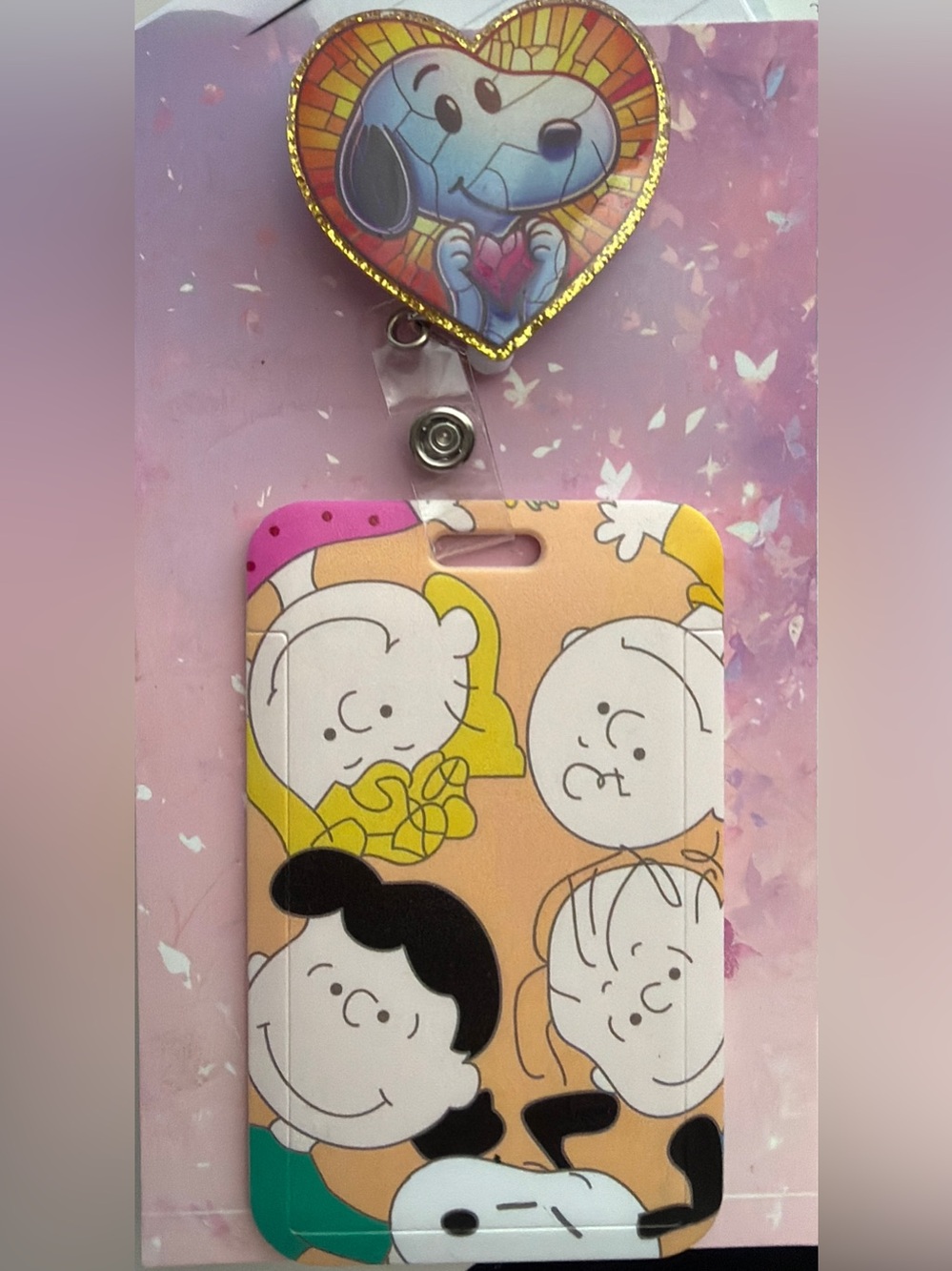 Snoopy & Peanuts Character Badge Reel & ID Card Holder - Pink Peach